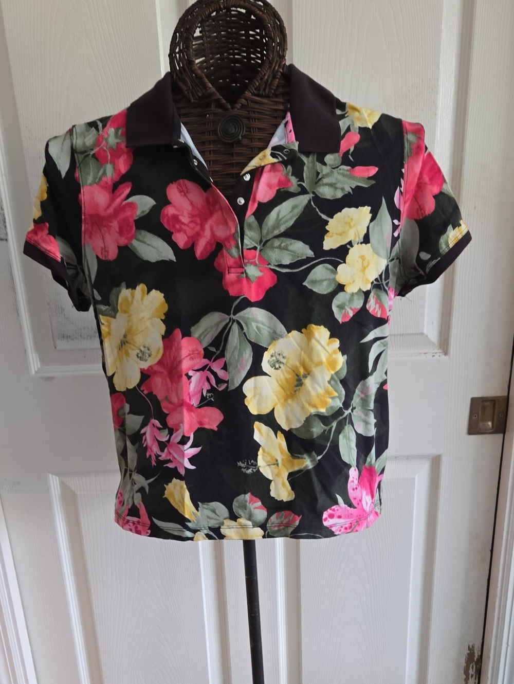 Caribbean Joe Black Polo with Pink & Green Floral Print-Size L